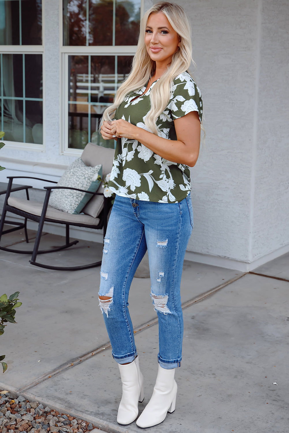 Floral Split Neck Short Sleeve Blouse - Threaded Pear