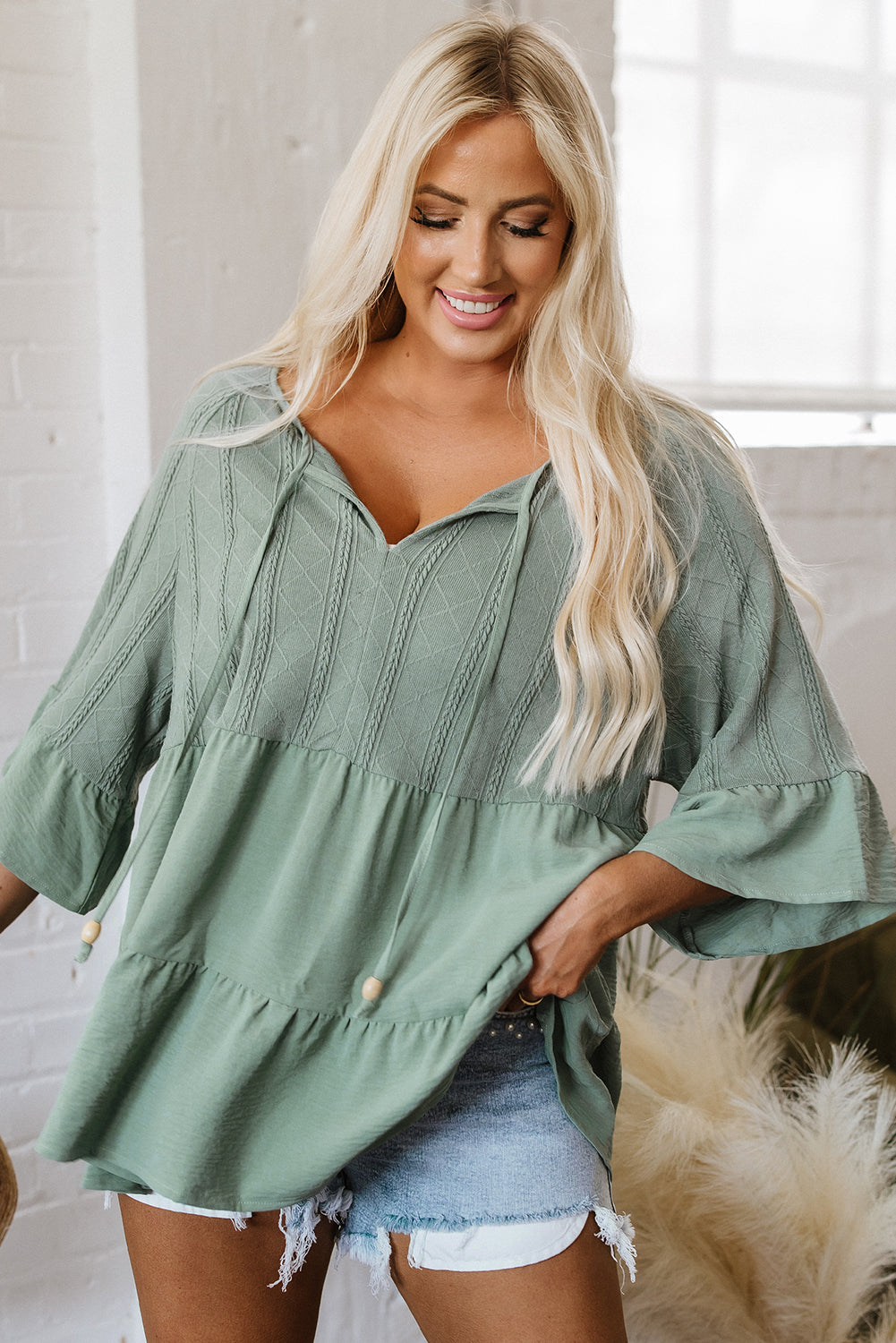 Ensley Tie Split Neck Textured Ruffle Patchwork Blouse - Threaded Pear
