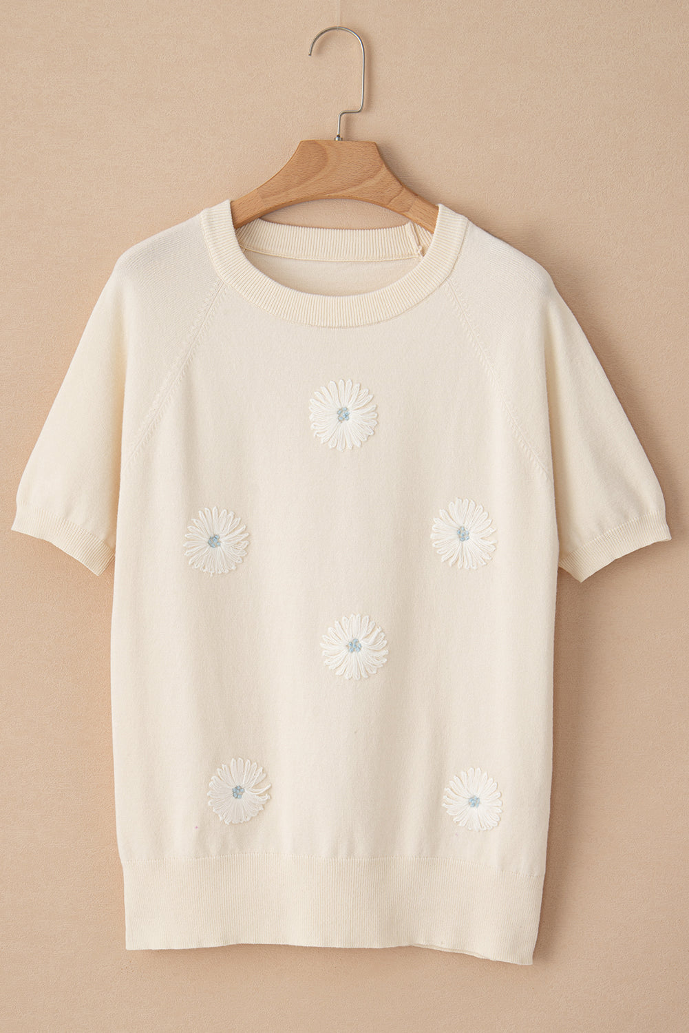 Dulce Flower Pattern Short Sleeve Knitted Top - Threaded Pear