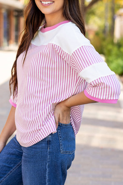 Aliyah Striped Patchwork 3/4 Sleeve Casual Top