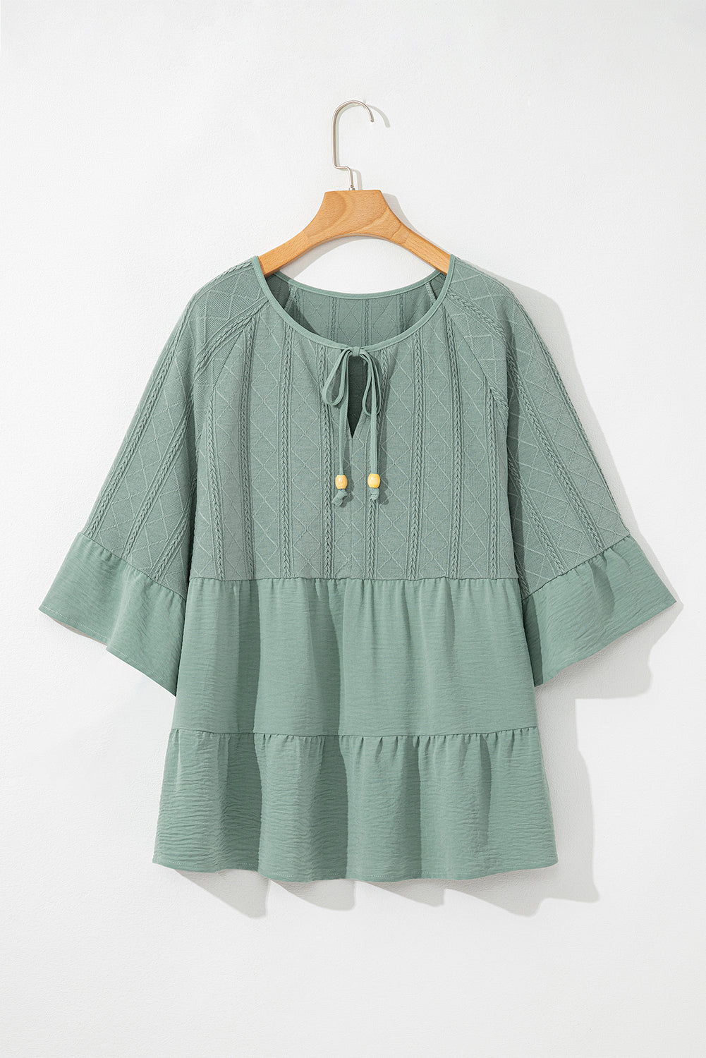 Ensley Tie Split Neck Textured Ruffle Patchwork Blouse - Threaded Pear