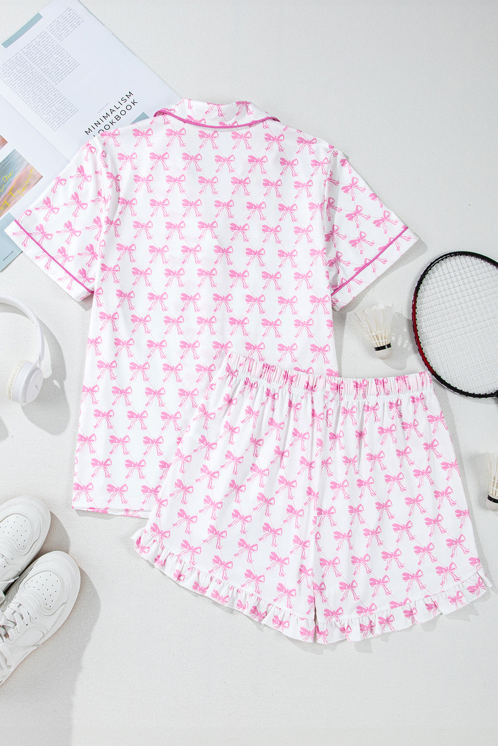 Bow Short Sleeve and Ruffled Shorts Pajama Set