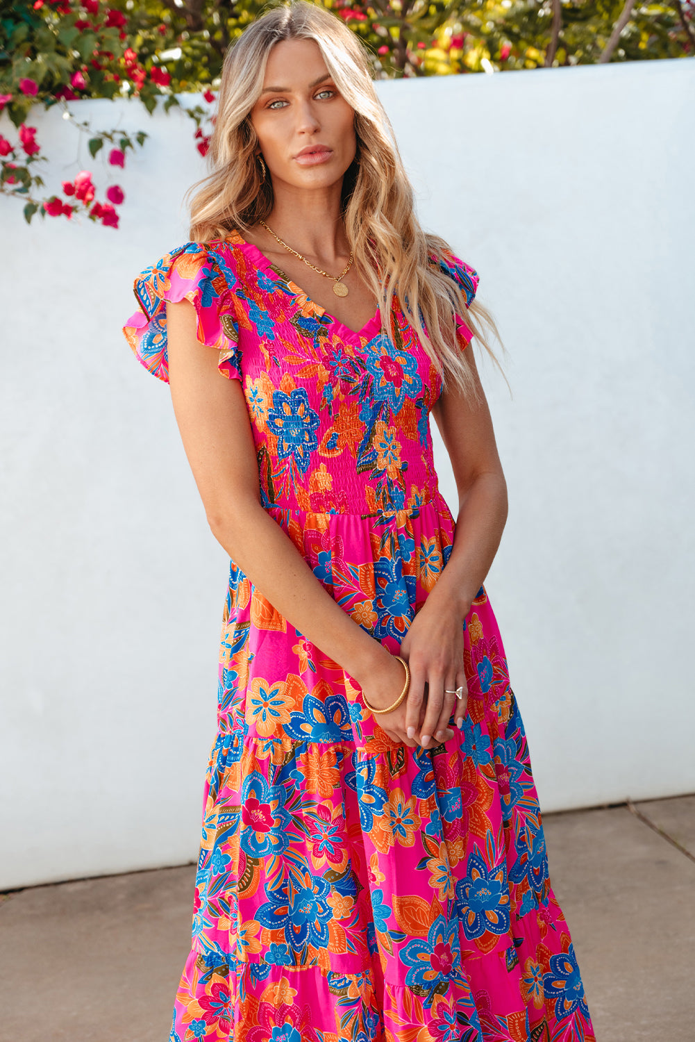 Kamari Boho Floral V Neck Ruffle Tiered Long Dress - Threaded Pear