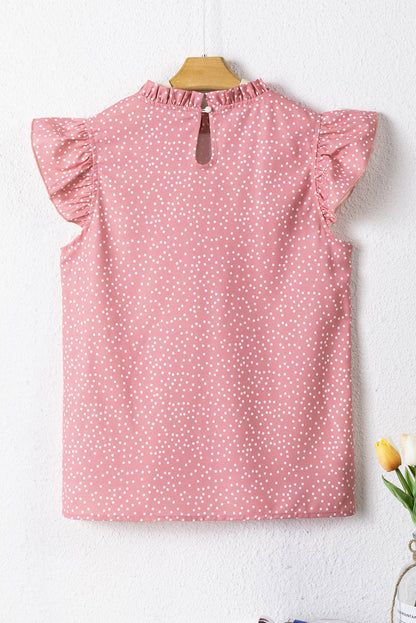 Marlowe Polka Dots Ruffle Flutter Sleeve Frilled Neck Blouse - Threaded Pear