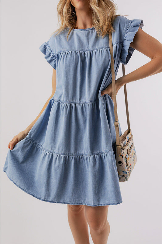 Zoey Ruffle Short Sleeve Tiered A-line Denim Dress