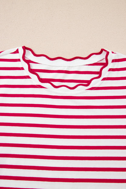 Ruby Red Stripe Scalloped T Shirt - The Gold Cactus