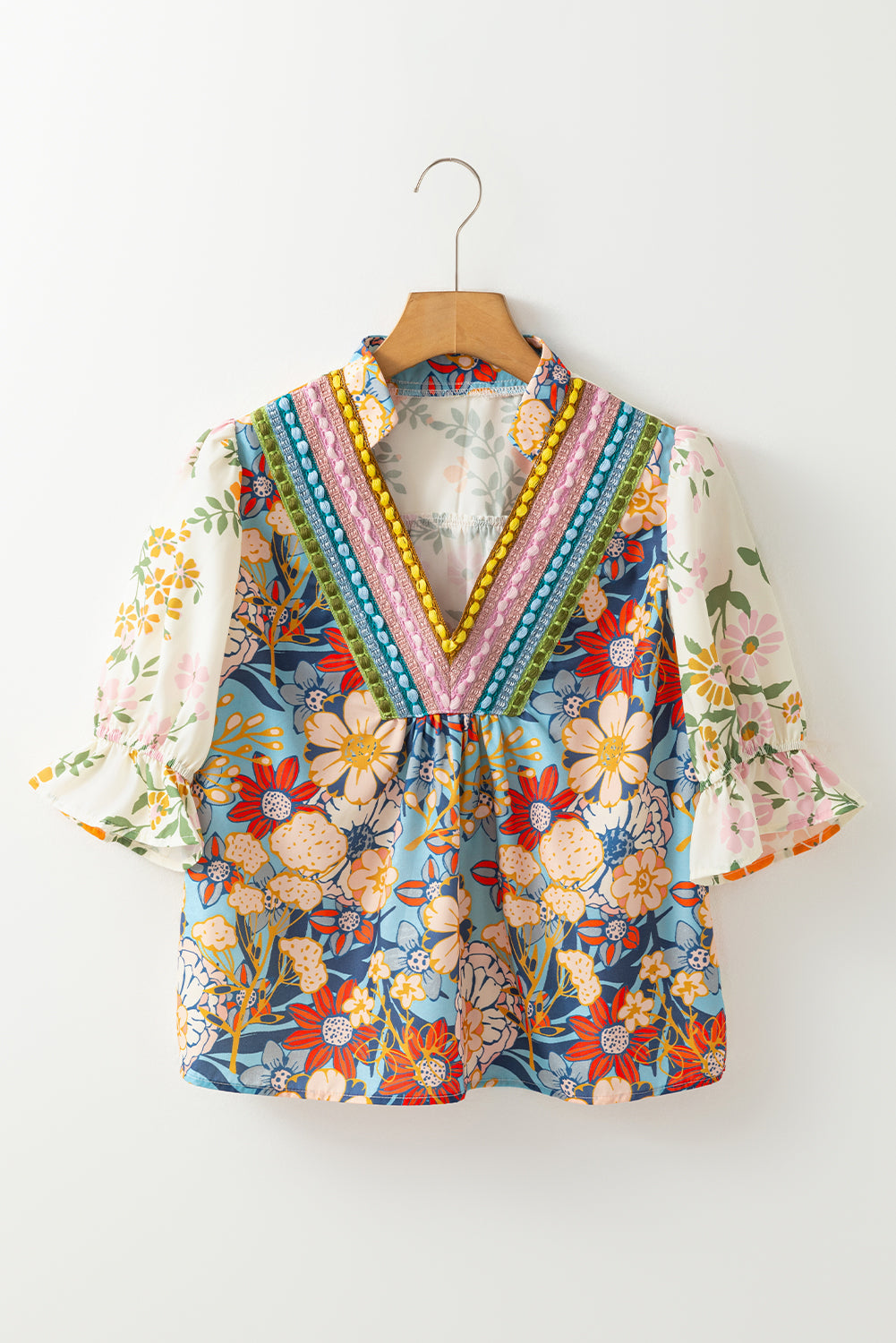 Gwen Crochet V Neck Boho Floral Blouse - Threaded Pear