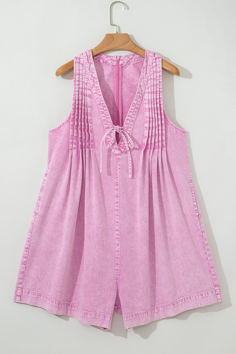 Ashlynn Mineral Wash Pleated Sleeveless Denim Romper - Threaded Pear