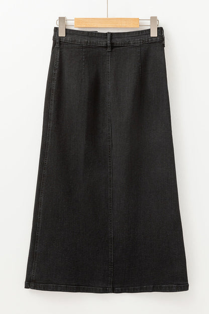Emberlynn Button Fly Side Split High Waist Denim Midi Skirt - Threaded Pear