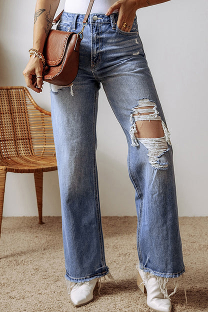 Madilyn Distressed Raw Hem Straight Leg High Waist Jeans