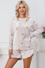 Load image into Gallery viewer, White Plush Star Pattern Long Sleeve Pullover and Shorts Lounge Set - The Gold Cactus
