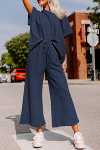 Black Textured Loose Fit T Shirt and Drawstring Pants Set - The Gold Cactus