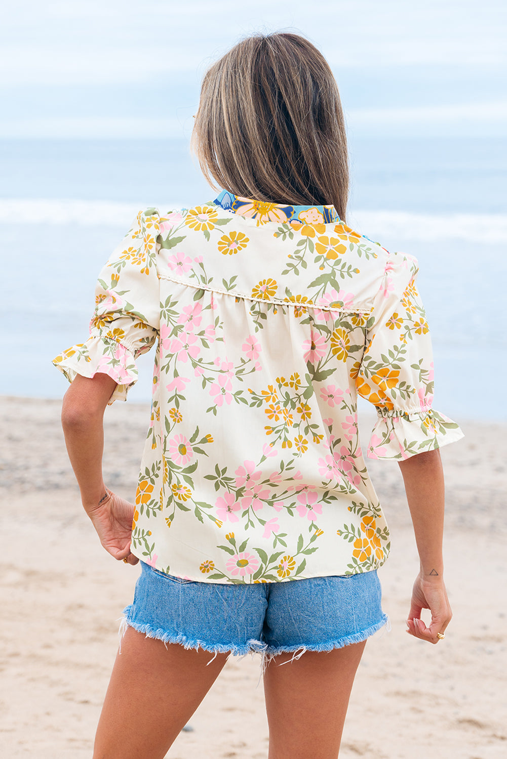 Gwen Crochet V Neck Boho Floral Blouse - Threaded Pear