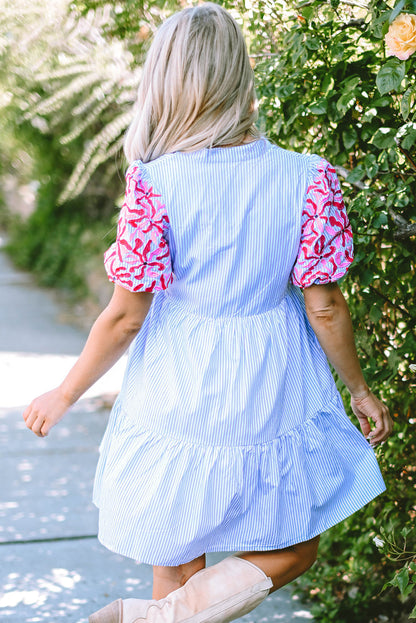 Kori Stripe Contrast Floral Puff Sleeve Tiered Ruffle Dress