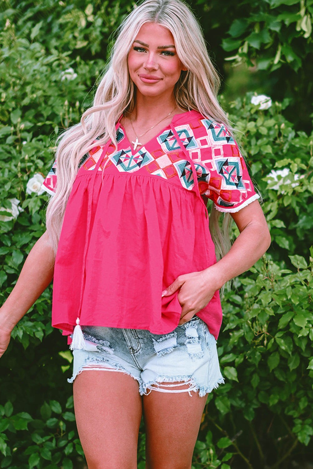 Zayla Embroidered Tassel Tie V Neck Blouse