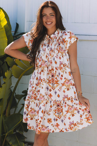 Marigold Floral Ruffled Trim Flutter Sleeve Dress - Threaded Pear