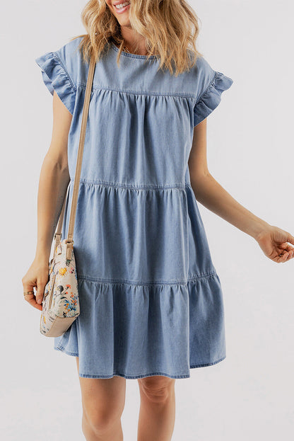 Zoey Ruffle Short Sleeve Tiered A-line Denim Dress