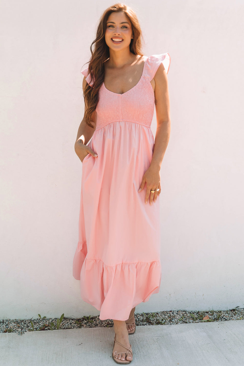 Ashlyn Flutter Sleeve Smocked Bodice Maxi Dress - Threaded Pear
