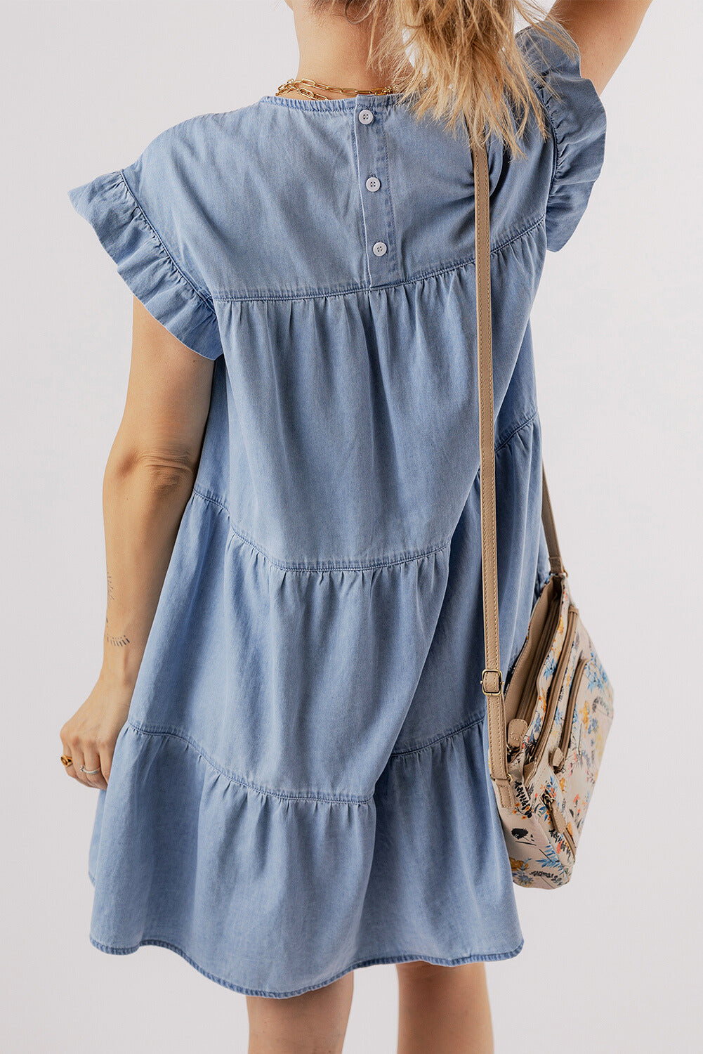 Zoey Ruffle Short Sleeve Tiered A-line Denim Dress