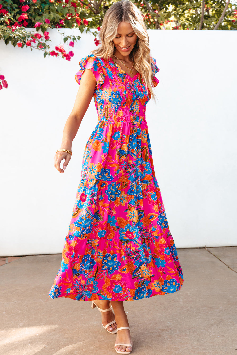 Kamari Boho Floral V Neck Ruffle Tiered Long Dress - Threaded Pear