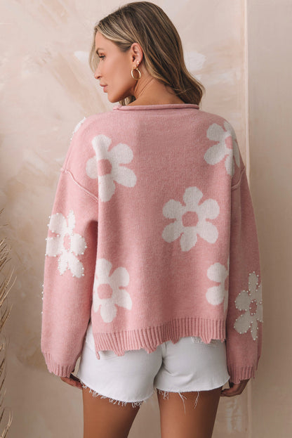 Jaycee Pearl Beaded Floral Drop Shoulder Sweater