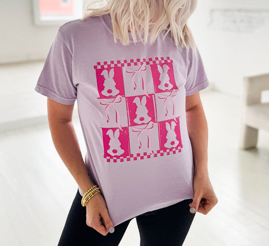 Pink Checker Rabbit & Bows Graphic Tee