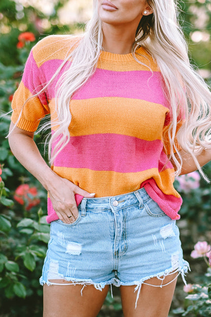 Henley Stripe Color Block Knitted T-shirt Sweater - The Gold Cactus