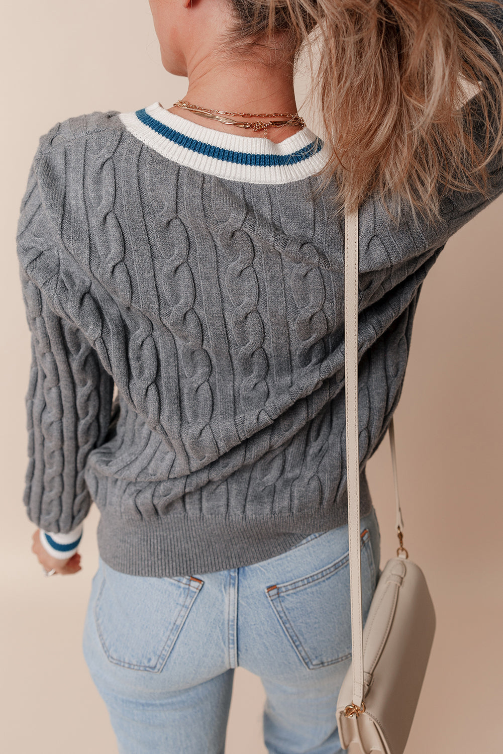 Kayle Ribbed Edge Cable Knit V Neck Sweater