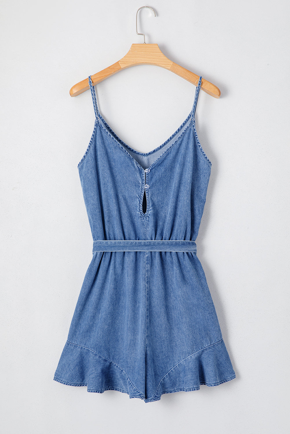 Aspyn Spaghetti Straps Ruffled Leg Chambray Romper - Threaded Pear