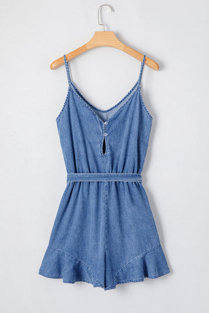 Aspyn Spaghetti Straps Ruffled Leg Chambray Romper - Threaded Pear