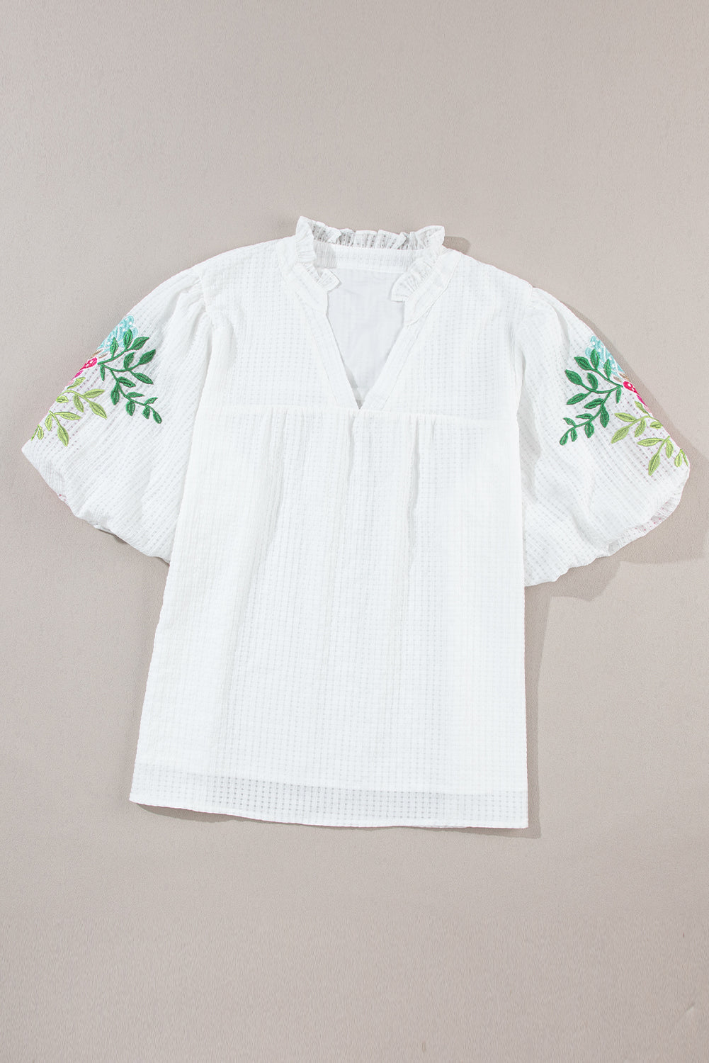 Priscilla Embroidered Puff Sleeve Notched Neck Blouse - Threaded Pear