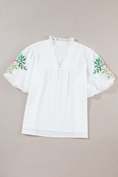 Priscilla Embroidered Puff Sleeve Notched Neck Blouse - Threaded Pear