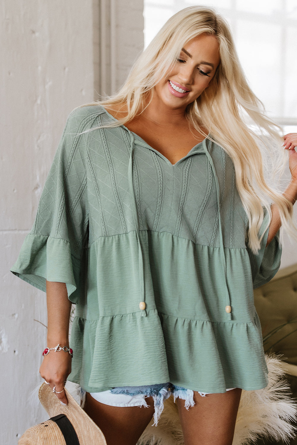 Ensley Tie Split Neck Textured Ruffle Patchwork Blouse - Threaded Pear