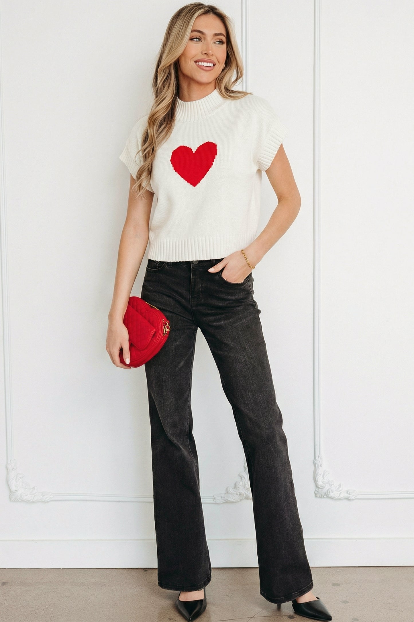 Amore Valentine Heart Short Sleeve Sweater - The Gold Cactus
