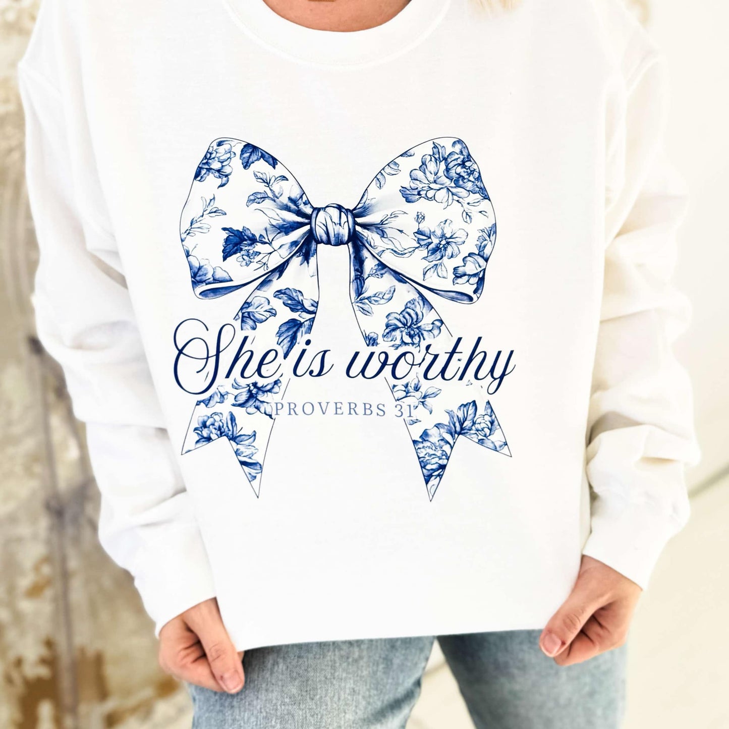 She Is Worthy Blue Bow Graphic Sweatshirt