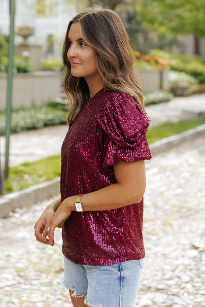 Lenora Glittering Sequin Short Bubble Sleeve Blouse - Threaded Pear