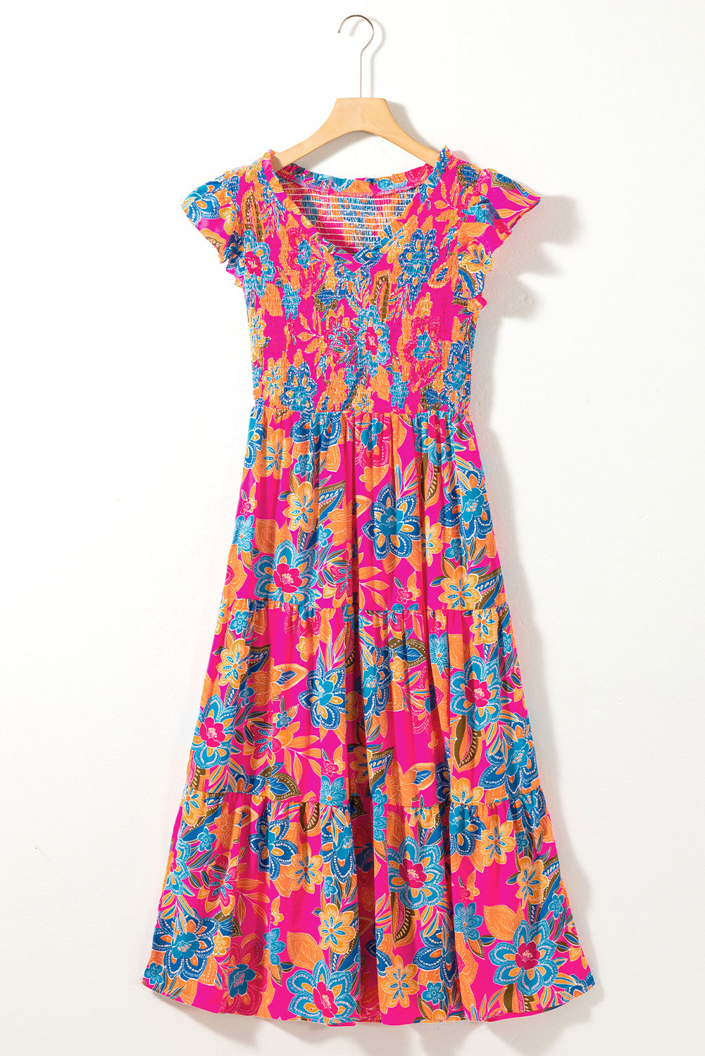 Kamari Boho Floral V Neck Ruffle Tiered Long Dress - Threaded Pear