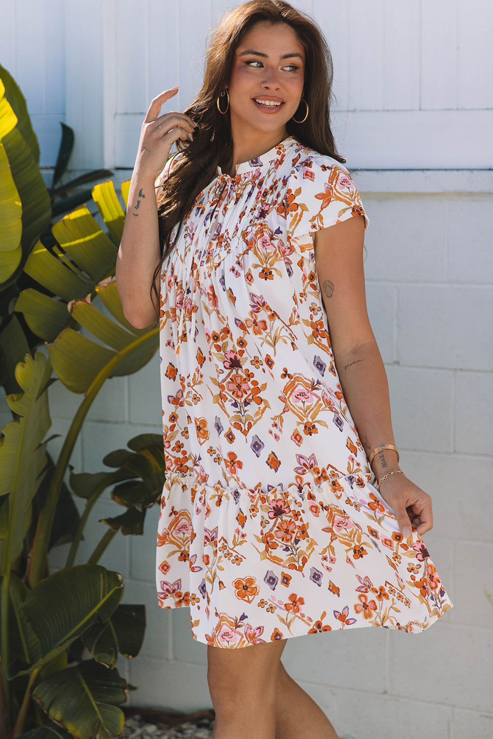Marigold Floral Ruffled Trim Flutter Sleeve Dress - Threaded Pear