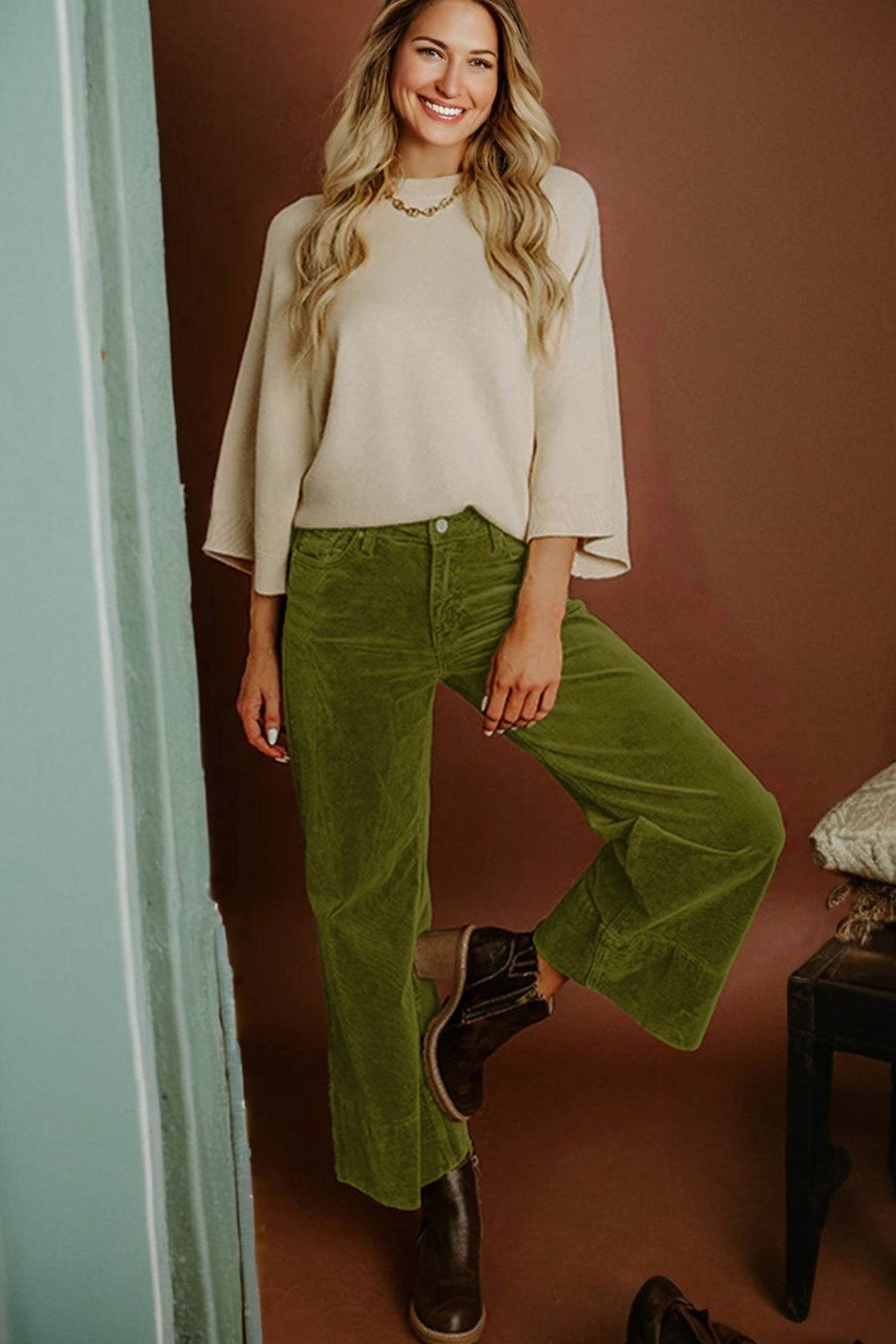 Juliette Green Corduroy Wide Leg Pants
