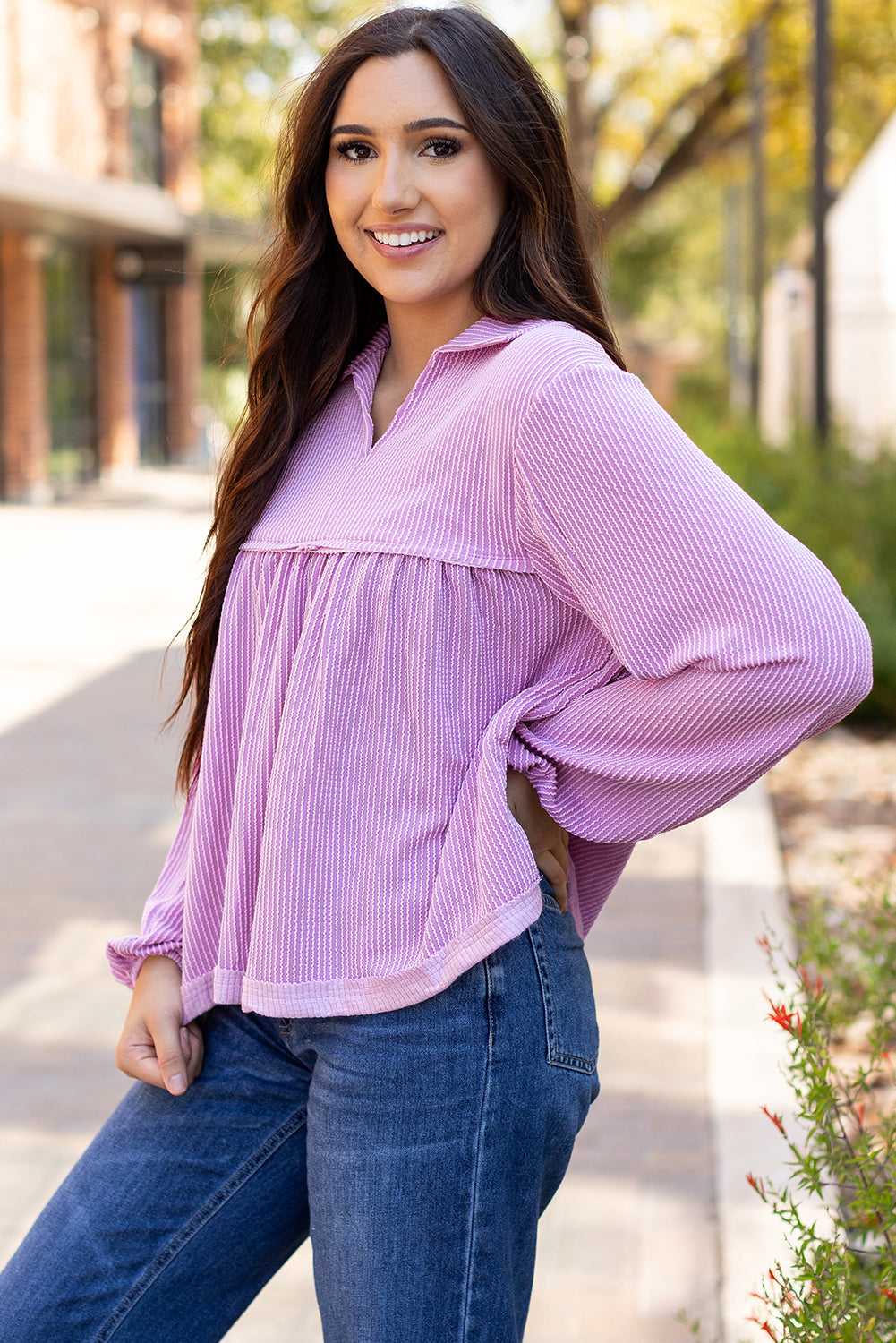 Blake Corded V Neck Bubble Sleeve Blouse