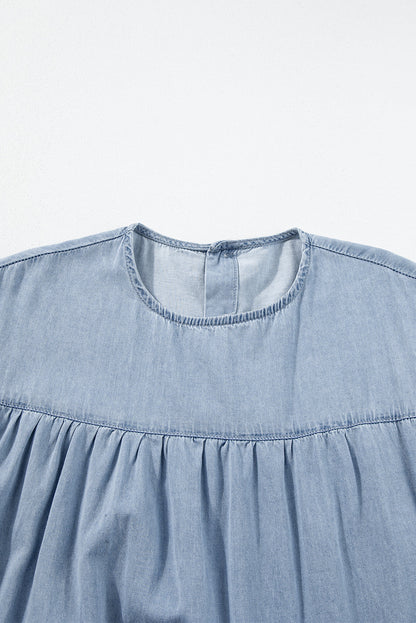 Zoey Ruffle Short Sleeve Tiered A-line Denim Dress