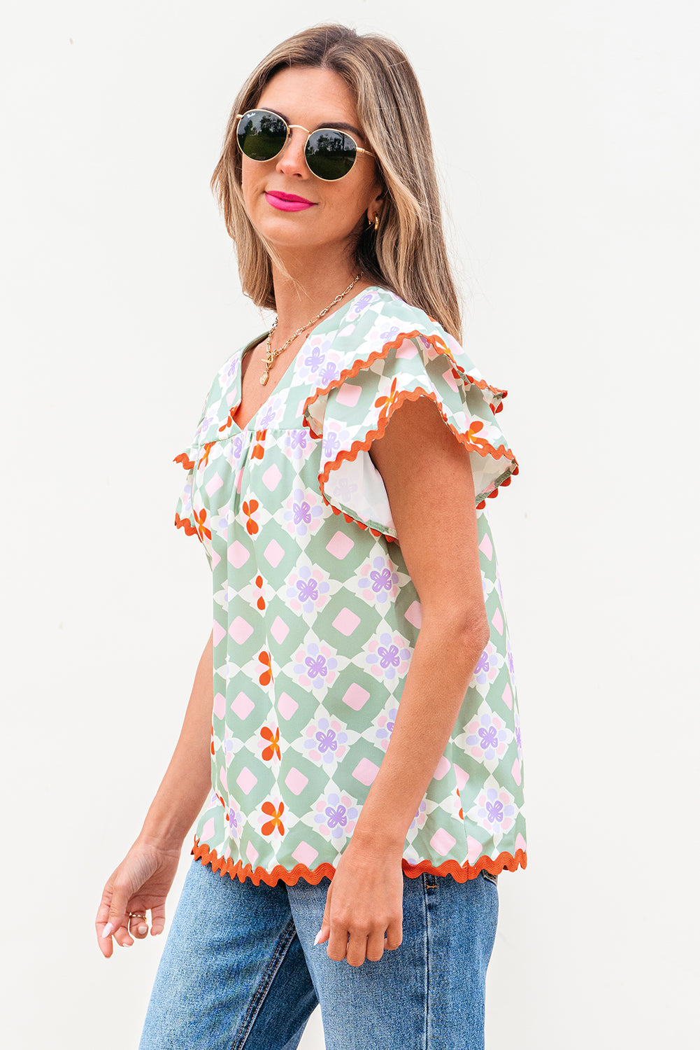 Belen Floral Layered Flutter Sleeve Rac Trim Blouse - Threaded Pear