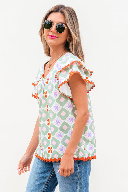 Belen Floral Layered Flutter Sleeve Rac Trim Blouse - Threaded Pear