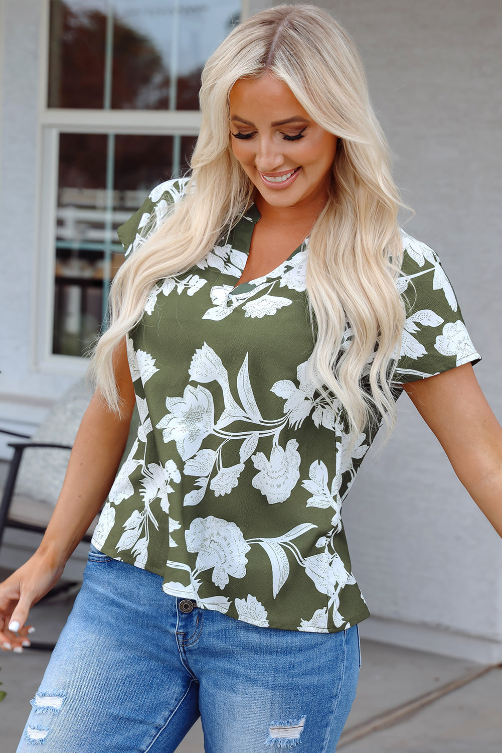 Floral Split Neck Short Sleeve Blouse - Threaded Pear