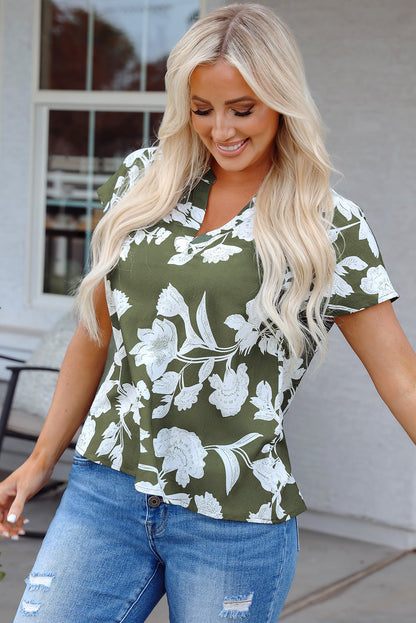 Floral Split Neck Short Sleeve Blouse - Threaded Pear