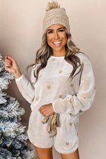 Load image into Gallery viewer, White Plush Star Pattern Long Sleeve Pullover and Shorts Lounge Set - The Gold Cactus
