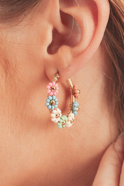 Pink Colorful Flower Hoop Earrings