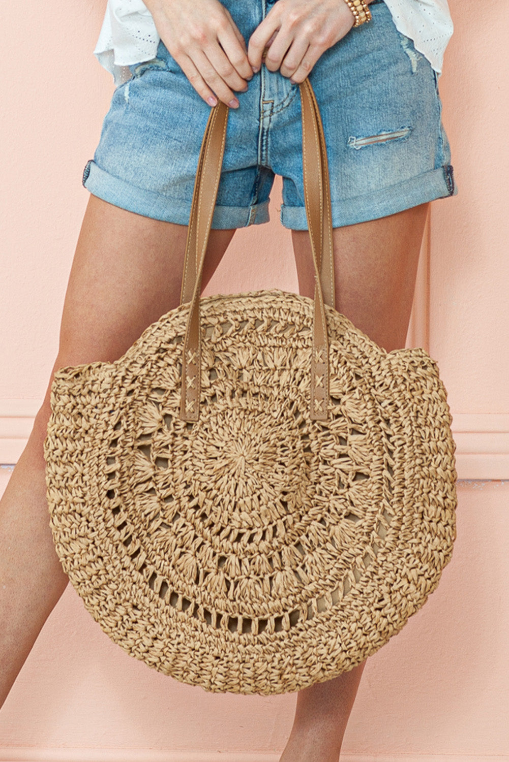 Mavis Bohemian Straw Woven Round Bag - Threaded Pear