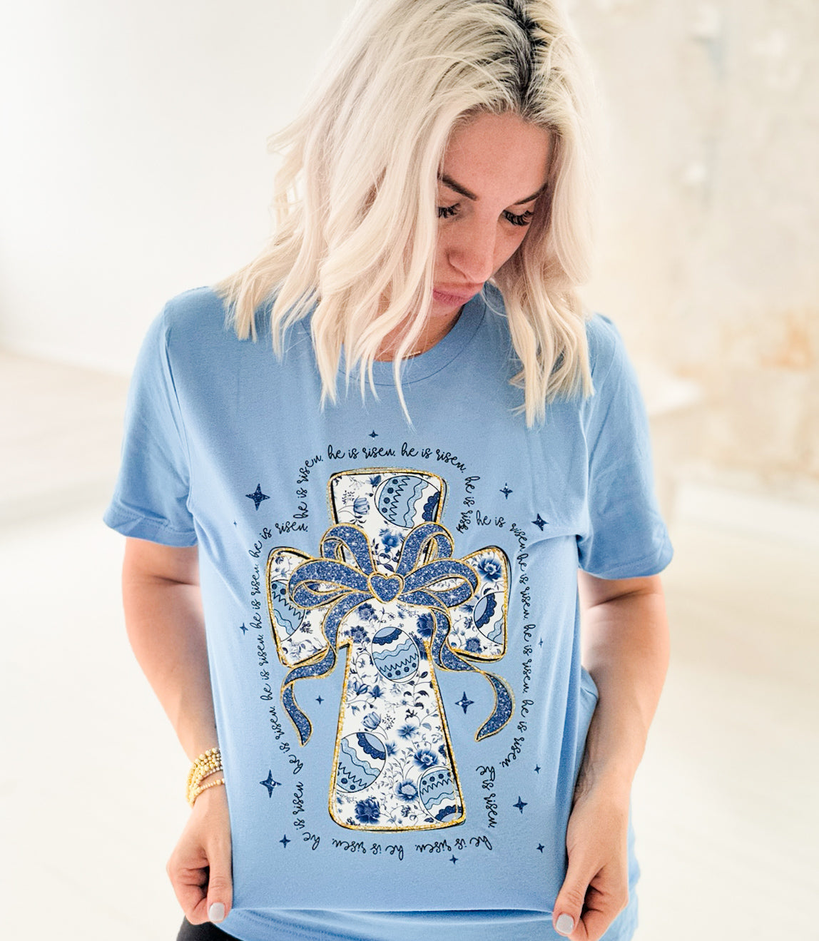 Blue He Is Risen Cross Graphic Tee