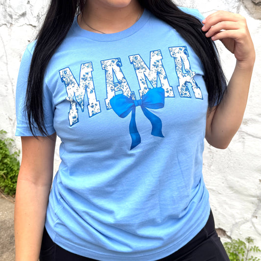 Blue Floral Mama with Bow Graphic Tee